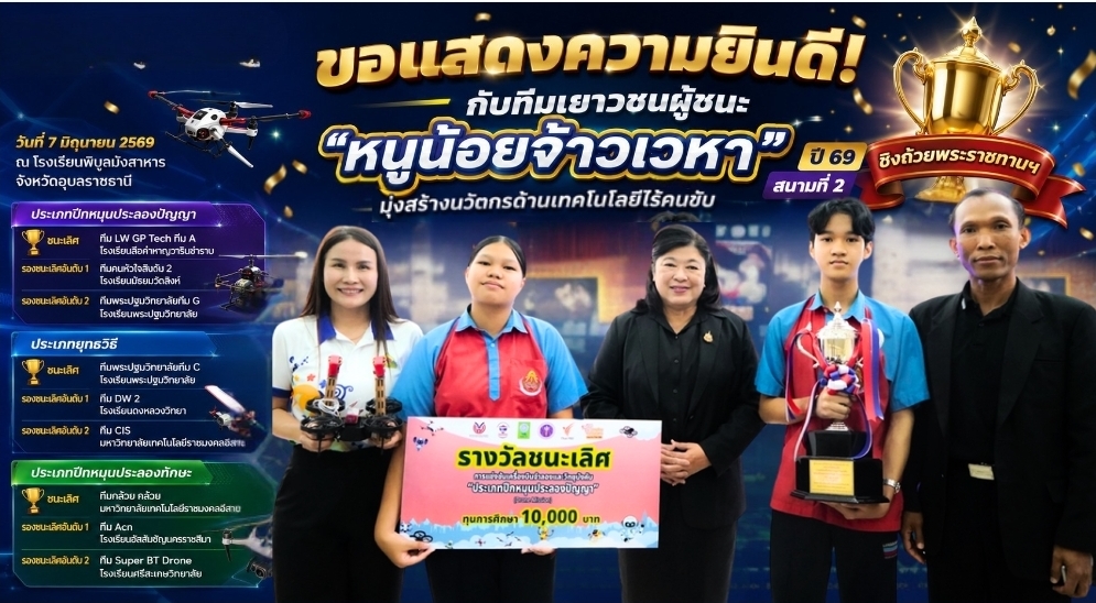 “หนูน้อยจ้าวเวหา” ปี 69 สนาม 2 ได้แชมป์แล้ว! วช. ปั้นเยาวชนสู่นวัตกรเทคโนโลยีไร้คนขับ ชิงถ้วยพระราชทานฯ