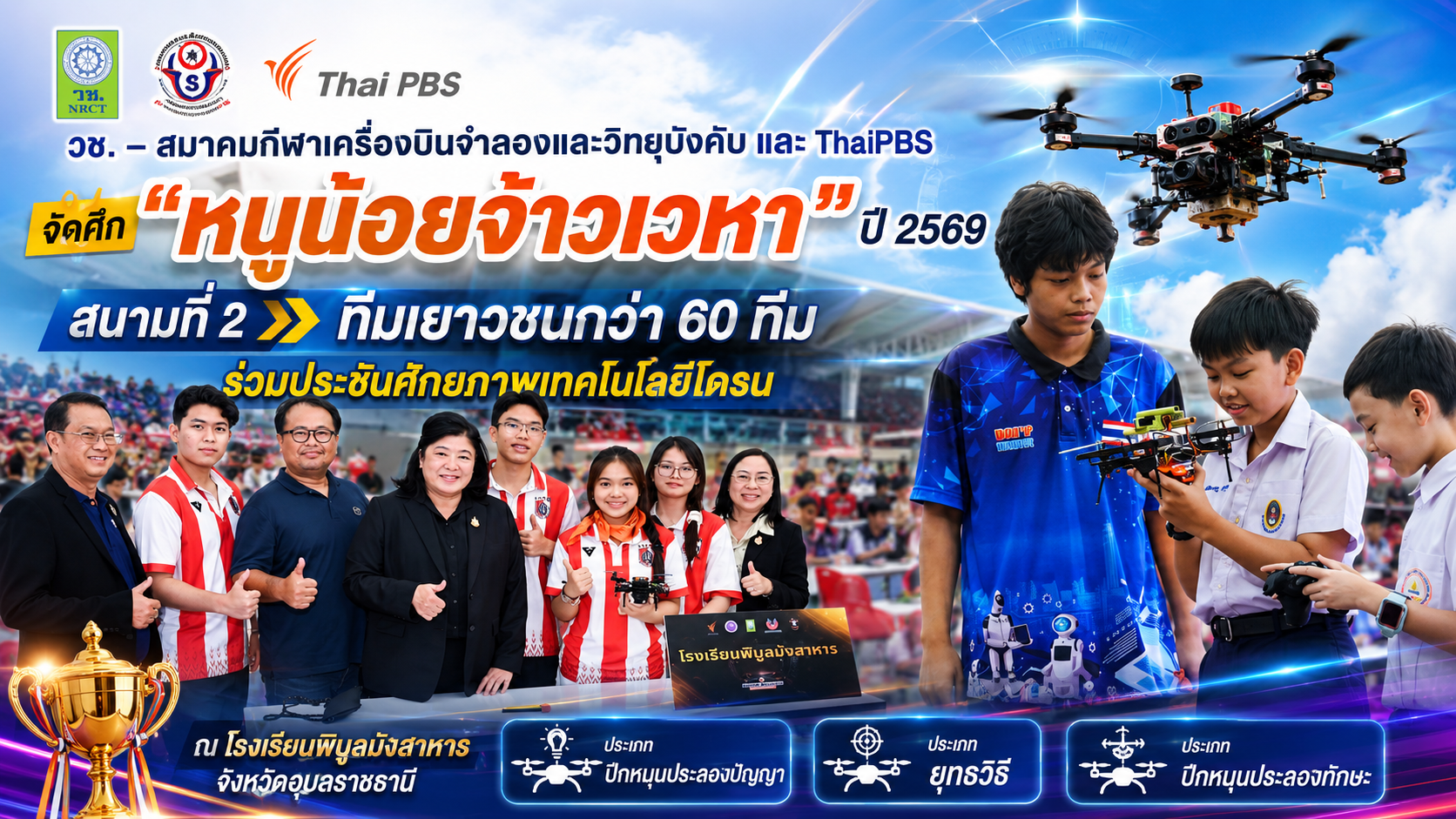 วช. ผนึกสมาคมกีฬาเครื่องบินจำลองฯ และ ThaiPBS จัดศึก “หนูน้อยจ้าวเวหา 2569” สนาม 2 เยาวชนกว่า 60 ทีมประชันศักยภาพโดรน